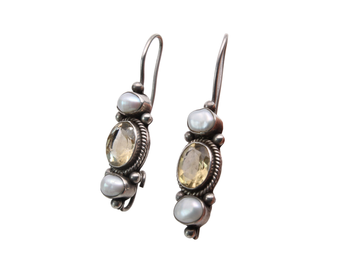 Vintage Silver Citrine Pearl Drop Earrings