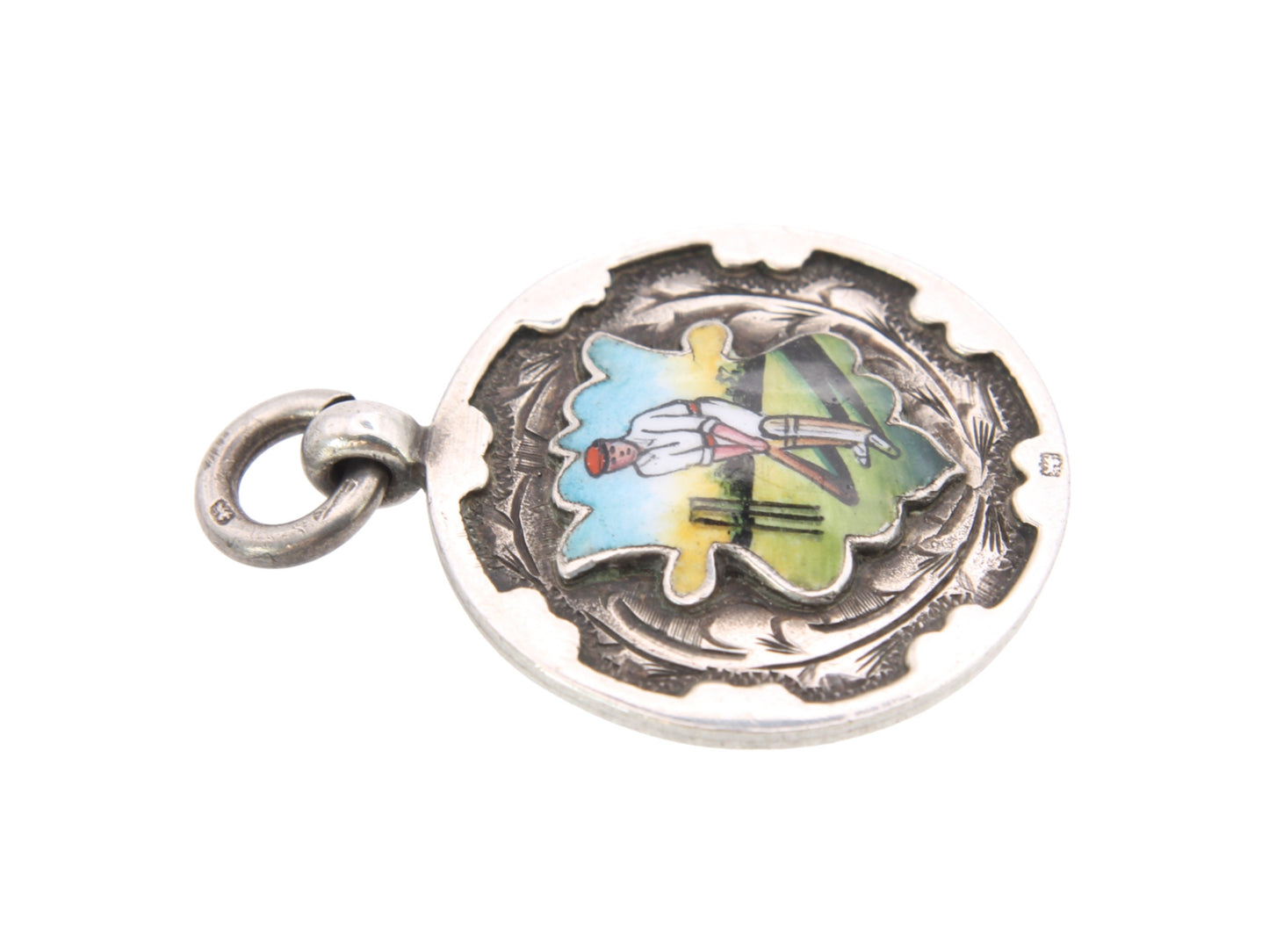 Antique Silver Enamel Cricket Fob Pendant
