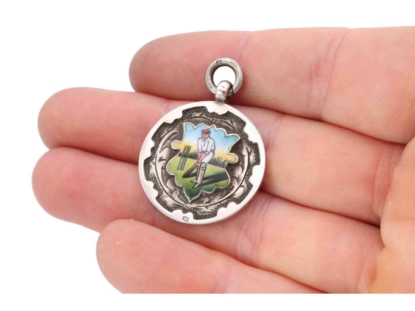 Antique Silver Enamel Cricket Fob Pendant