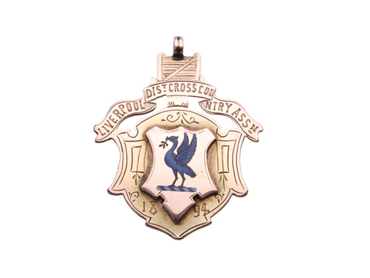 Antique 9ct Gold Liver Bird Crest Enamel Pendant