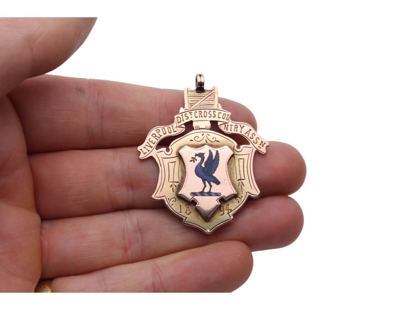 Antique 9ct Gold Liver Bird Crest Enamel Pendant