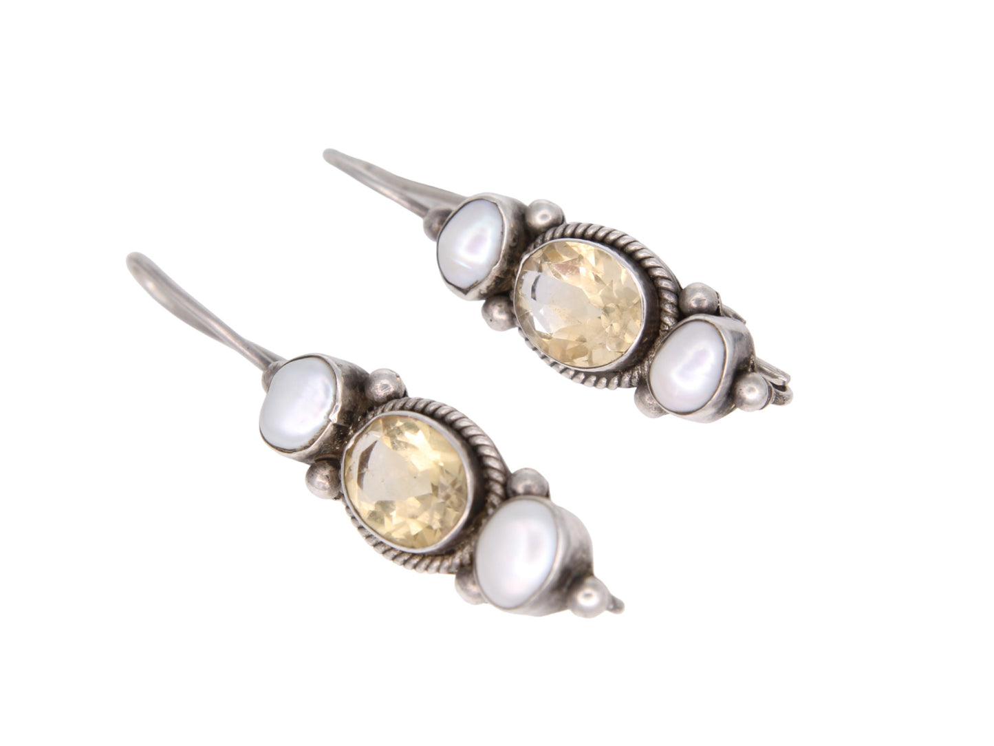 Vintage Silver Citrine Pearl Drop Earrings