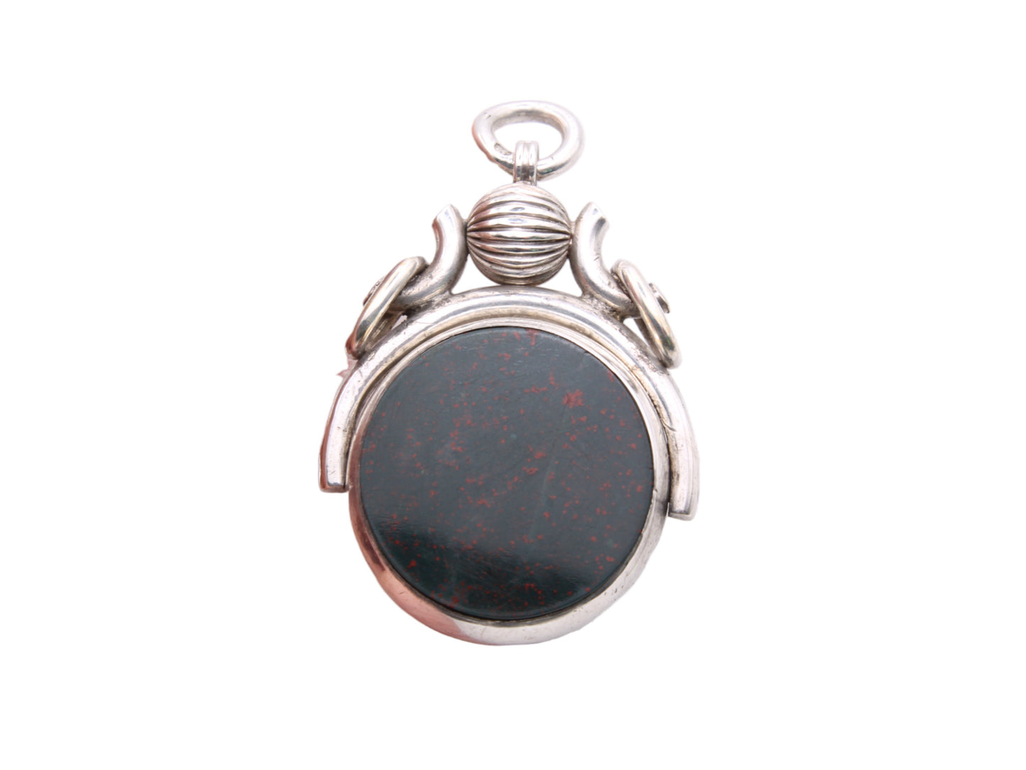 RESERVED - Antique Sterling Silver Bloodstone & Carnelian Spinner Pendant Fob, 1891