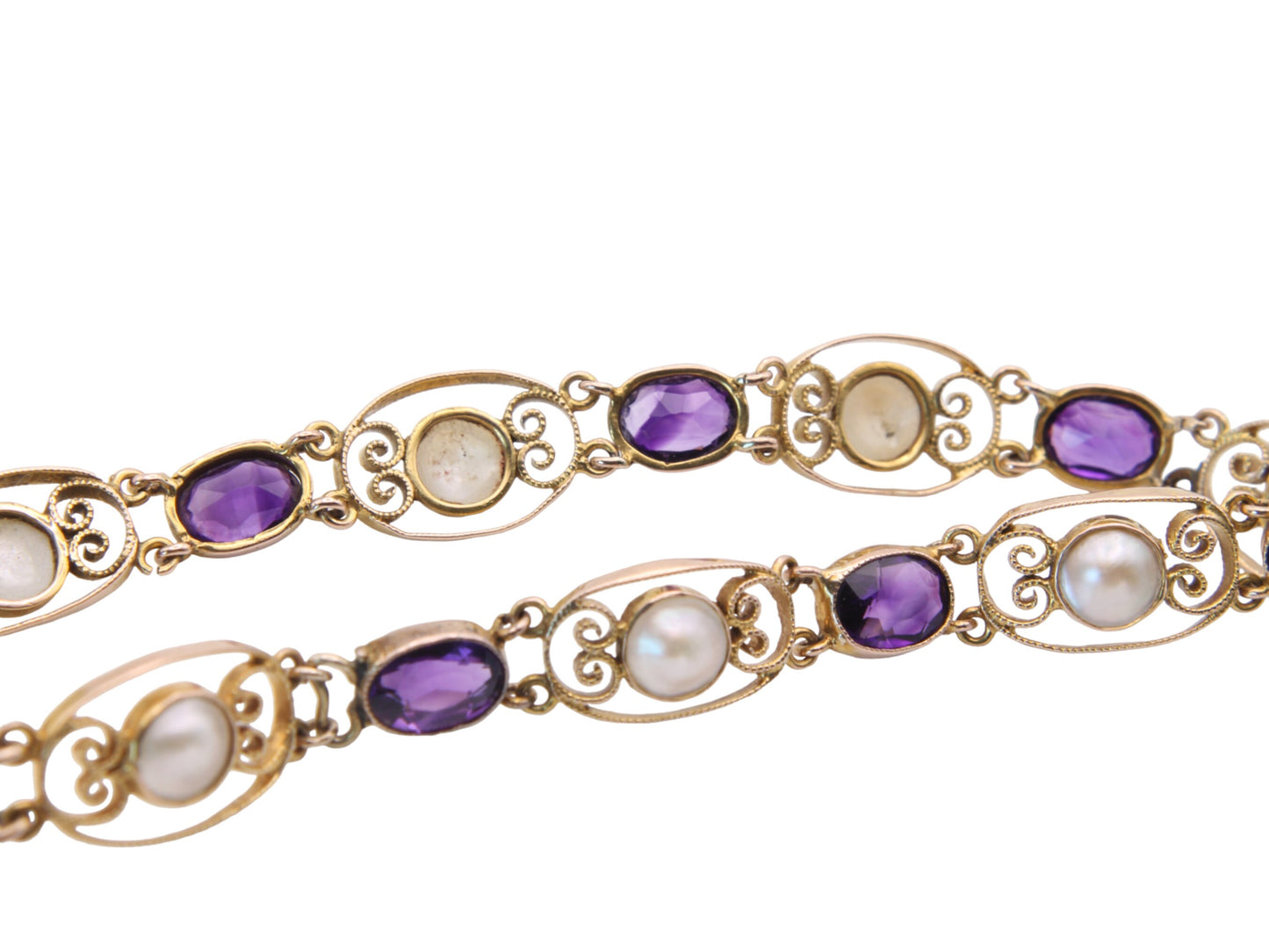 Antique 9ct Gold Filigree Amethyst & Pearl Gate Bracelet