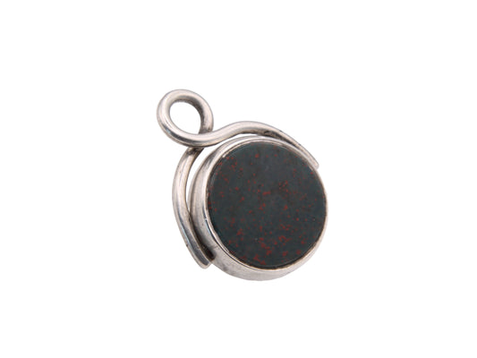 Antique Sterling Silver Lilac Agate & Bloodstone Spinner Pendant Fob, 1882