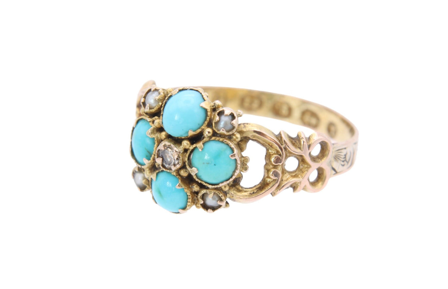 Antique 12.5ct Gold, Diamond And Turquoise Forget Me Not Ring, 1868