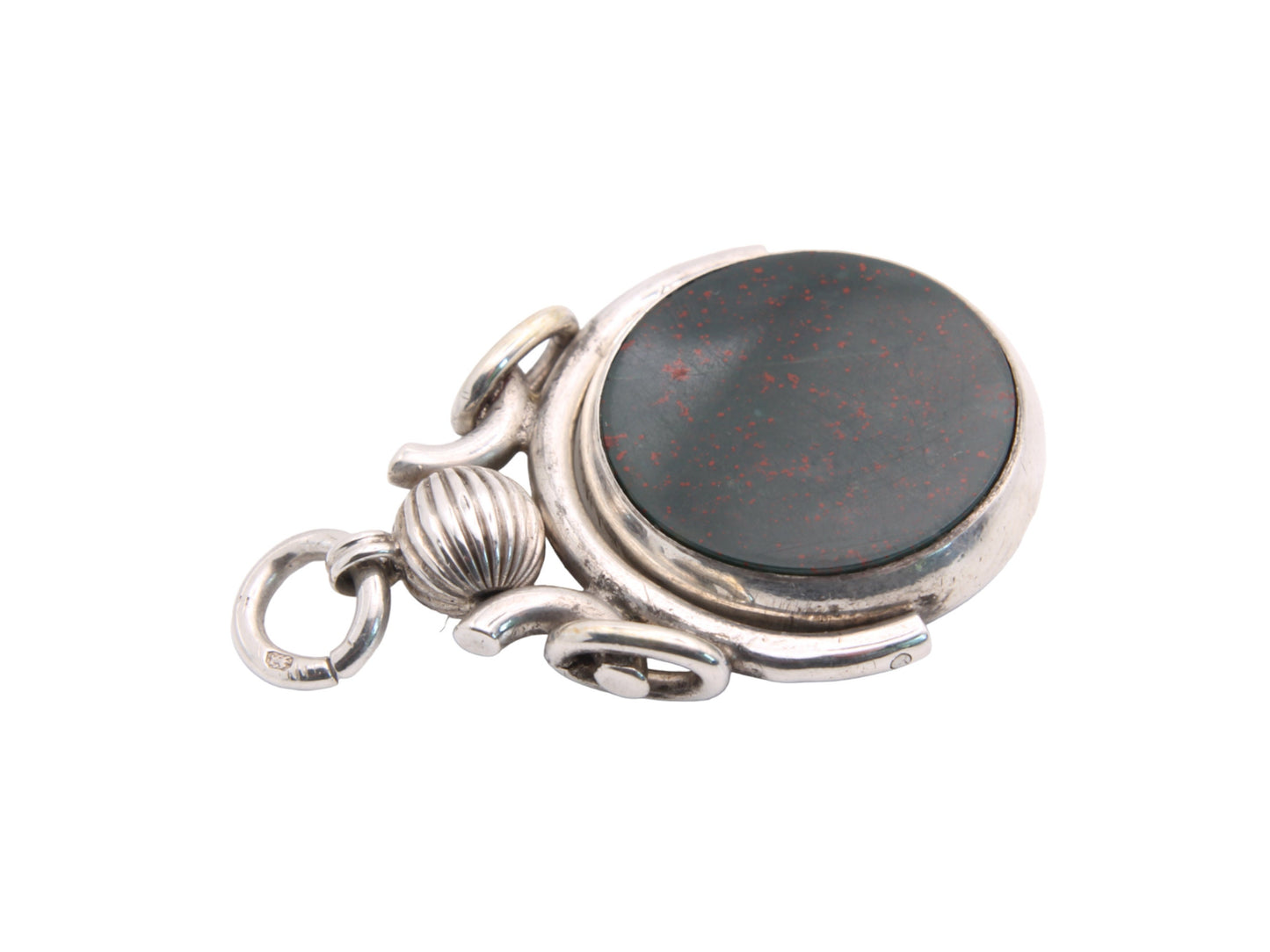 Antique-Sterling-Silver-Bloodstone-&-Carnelian-Spinner-Pendant-Fob,-1891