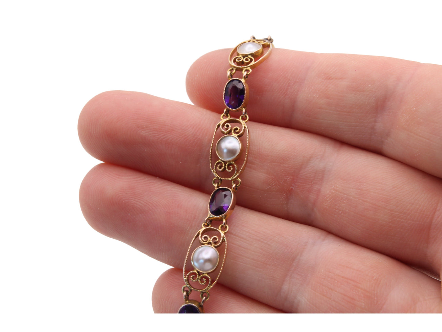 Antique 9ct Gold Filigree Amethyst & Pearl Gate Bracelet