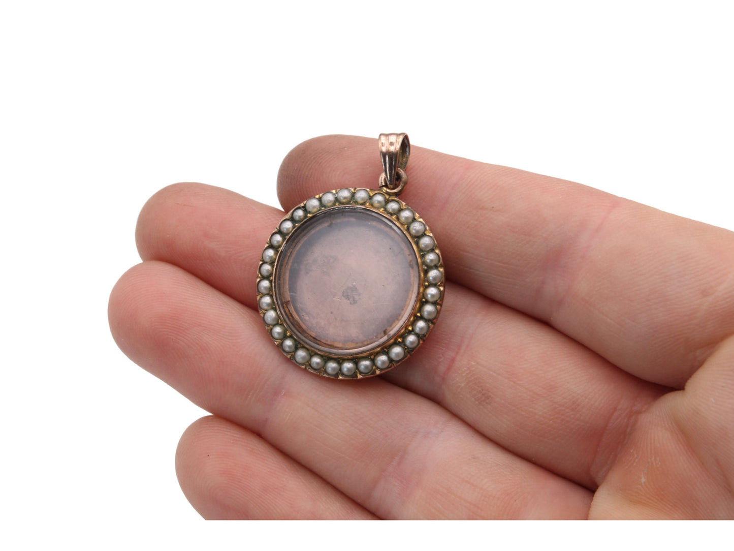 Antique 9ct Gold & Pearl Glass Photo Locket Pendant