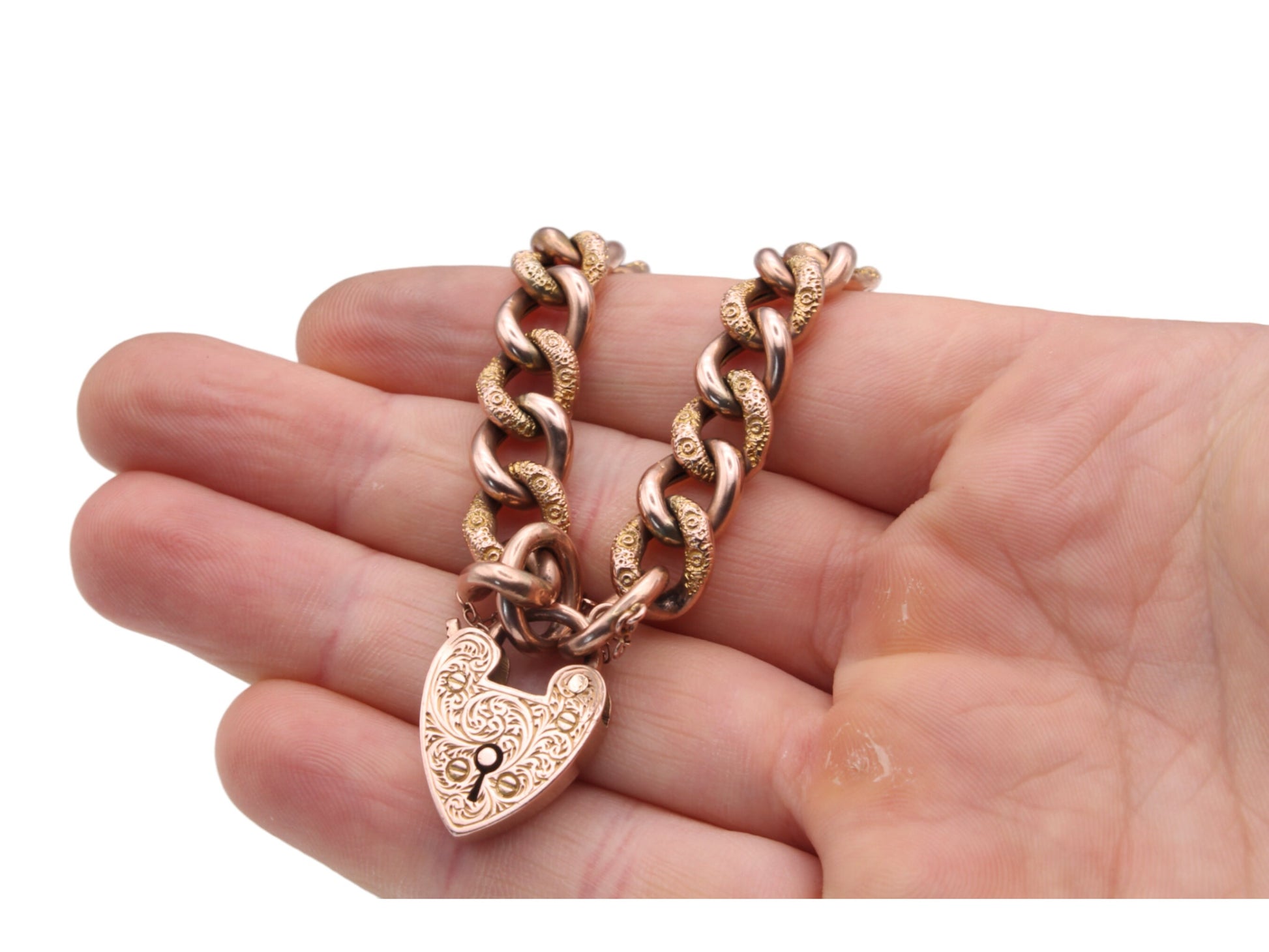 Antique-9ct-Rose-Gold-Chased-Night-&-Day-Gate-Bracelet,-21g
