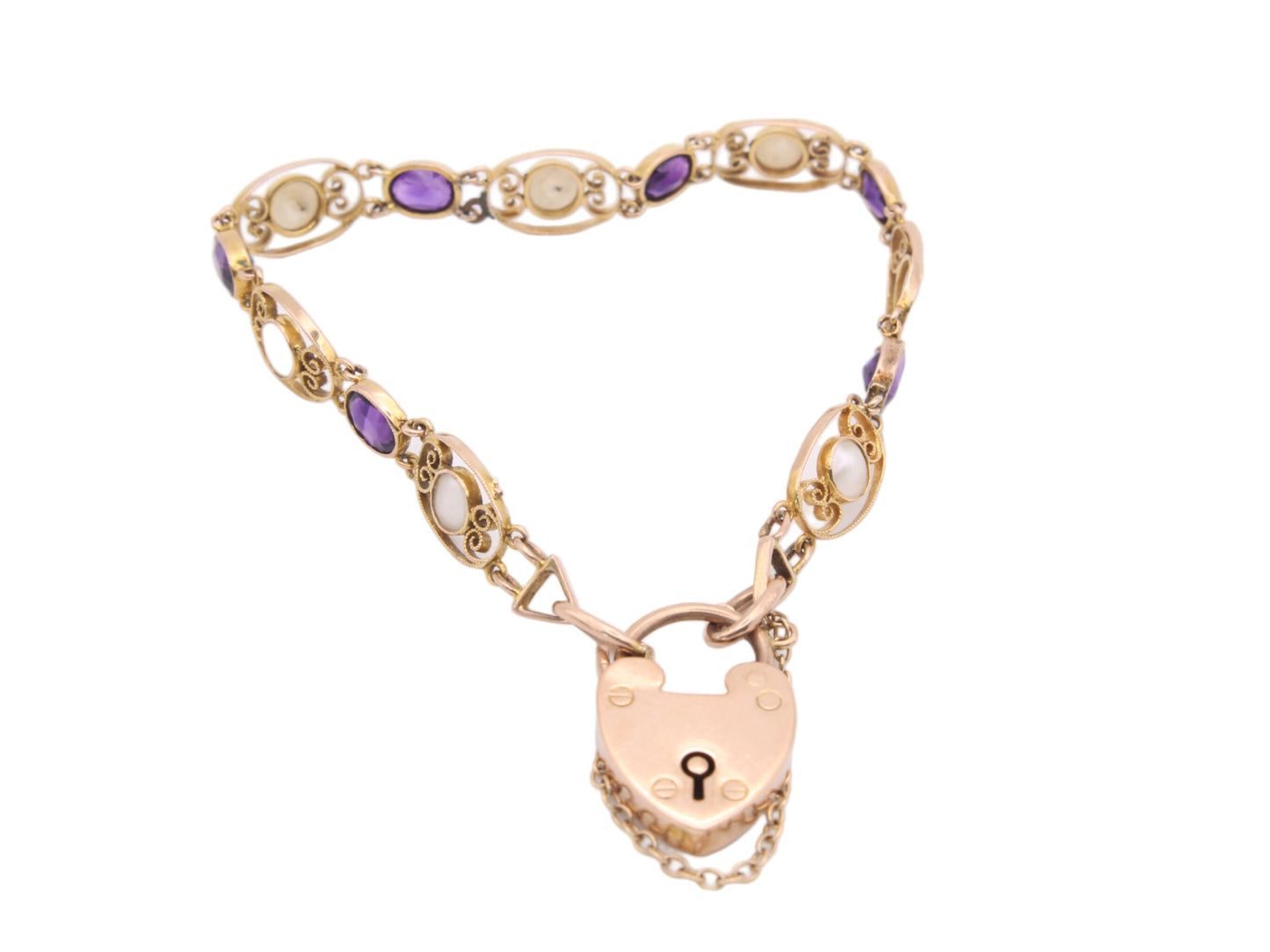 Antique 9ct Gold Filigree Amethyst & Pearl Gate Bracelet