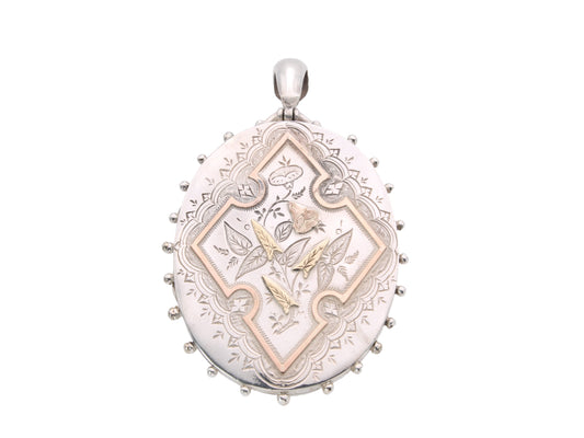 Antique Victorian Sterling Silver Locket: Rose & Green Gold Floral Detail, 1882