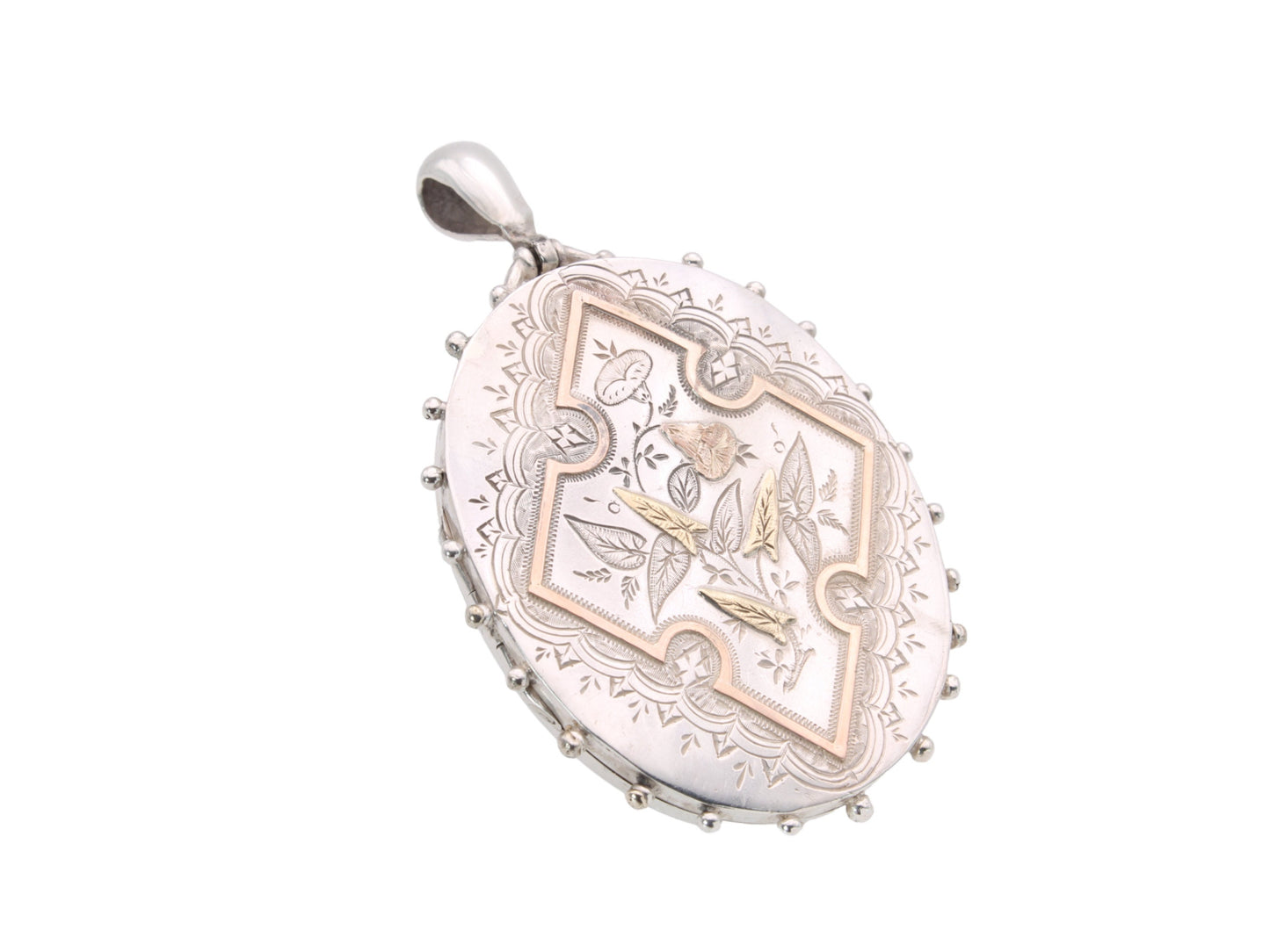 Antique Victorian Sterling Silver Locket: Rose & Green Gold Floral Detail, 1882