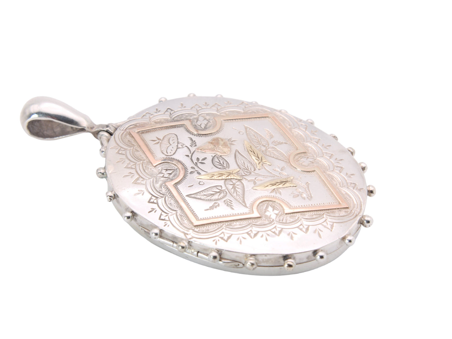 Antique Victorian Sterling Silver Locket: Rose & Green Gold Floral Detail, 1882