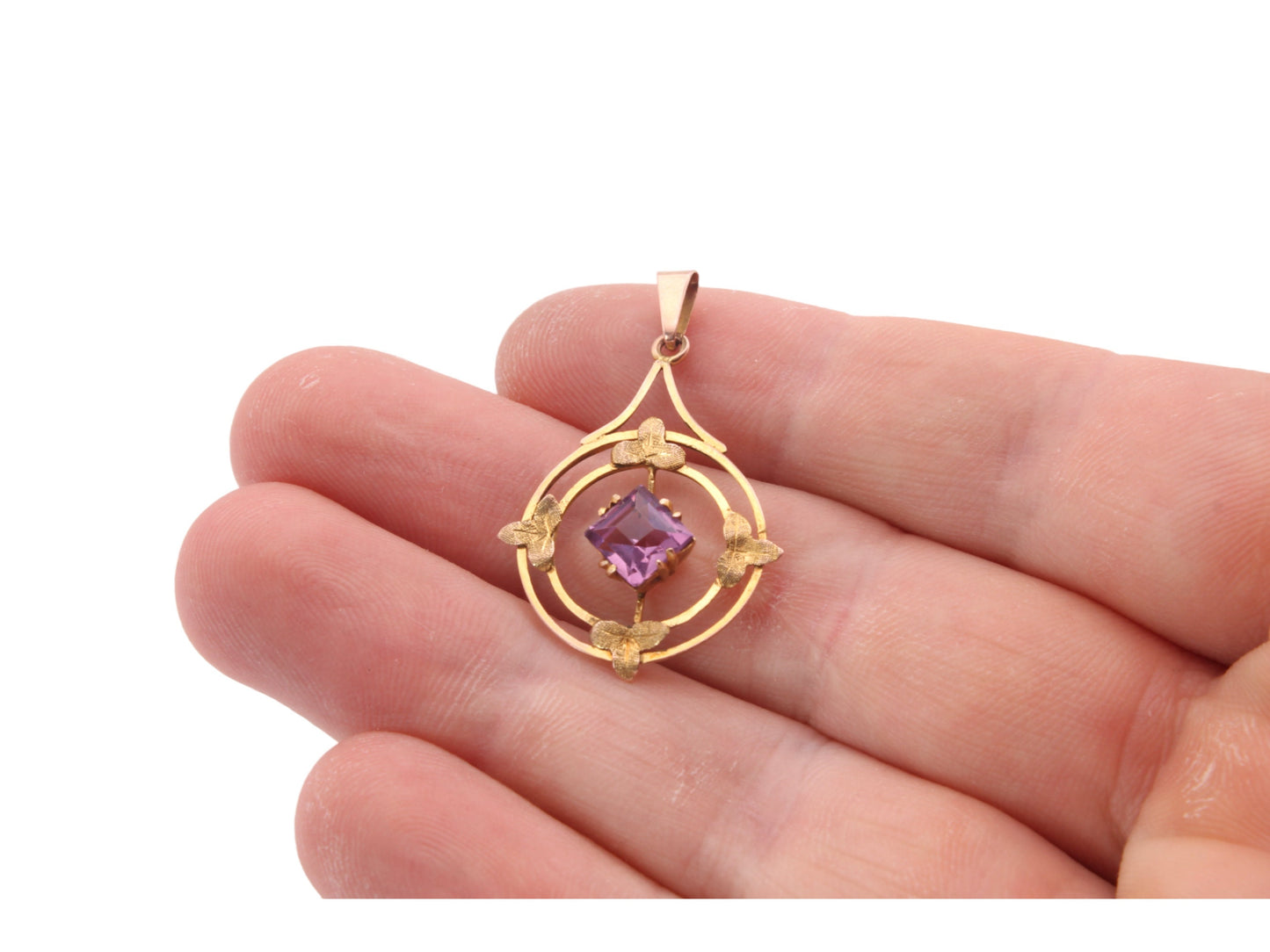 Antique 9ct Gold Amethyst Ivy Motif Pendant