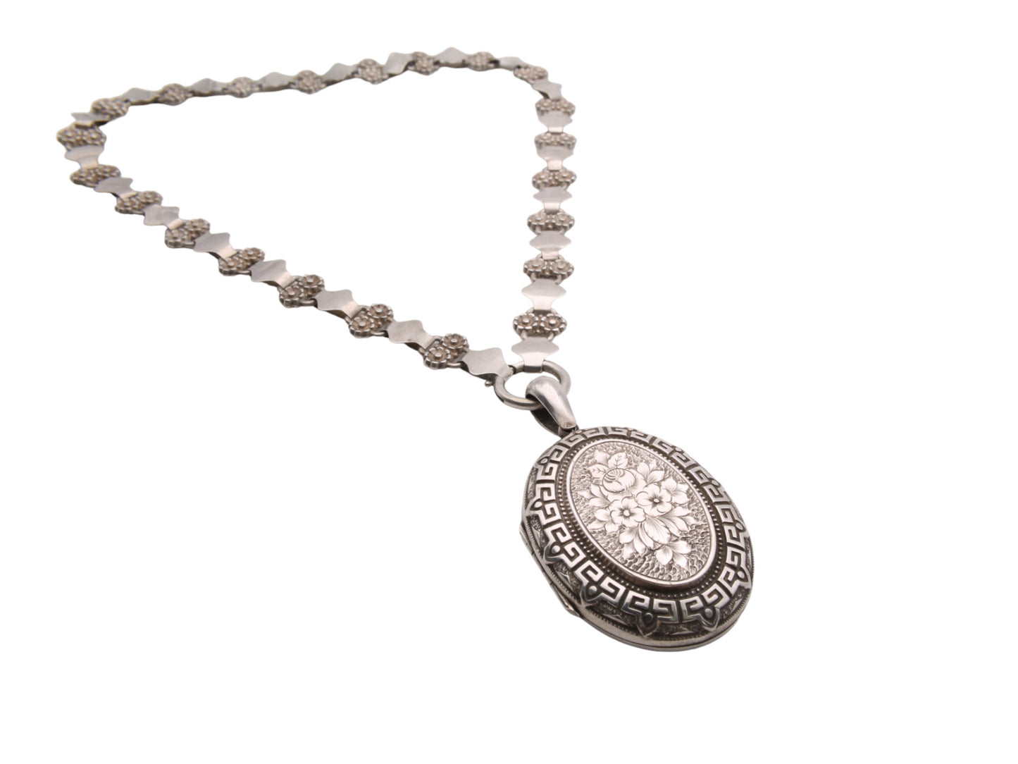 Antique Victorian Sterling Silver Locket Necklace, Forget-Me-Not Flowers, 1880