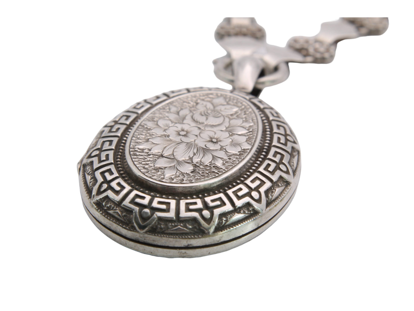 Antique Victorian Sterling Silver Locket Necklace, Forget-Me-Not Flowers, 1880