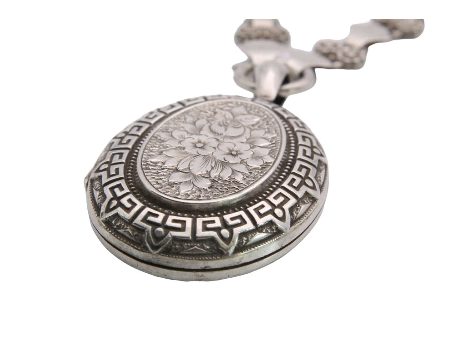 Antique Victorian Sterling Silver Locket Necklace, Forget-Me-Not Flowers, 1880