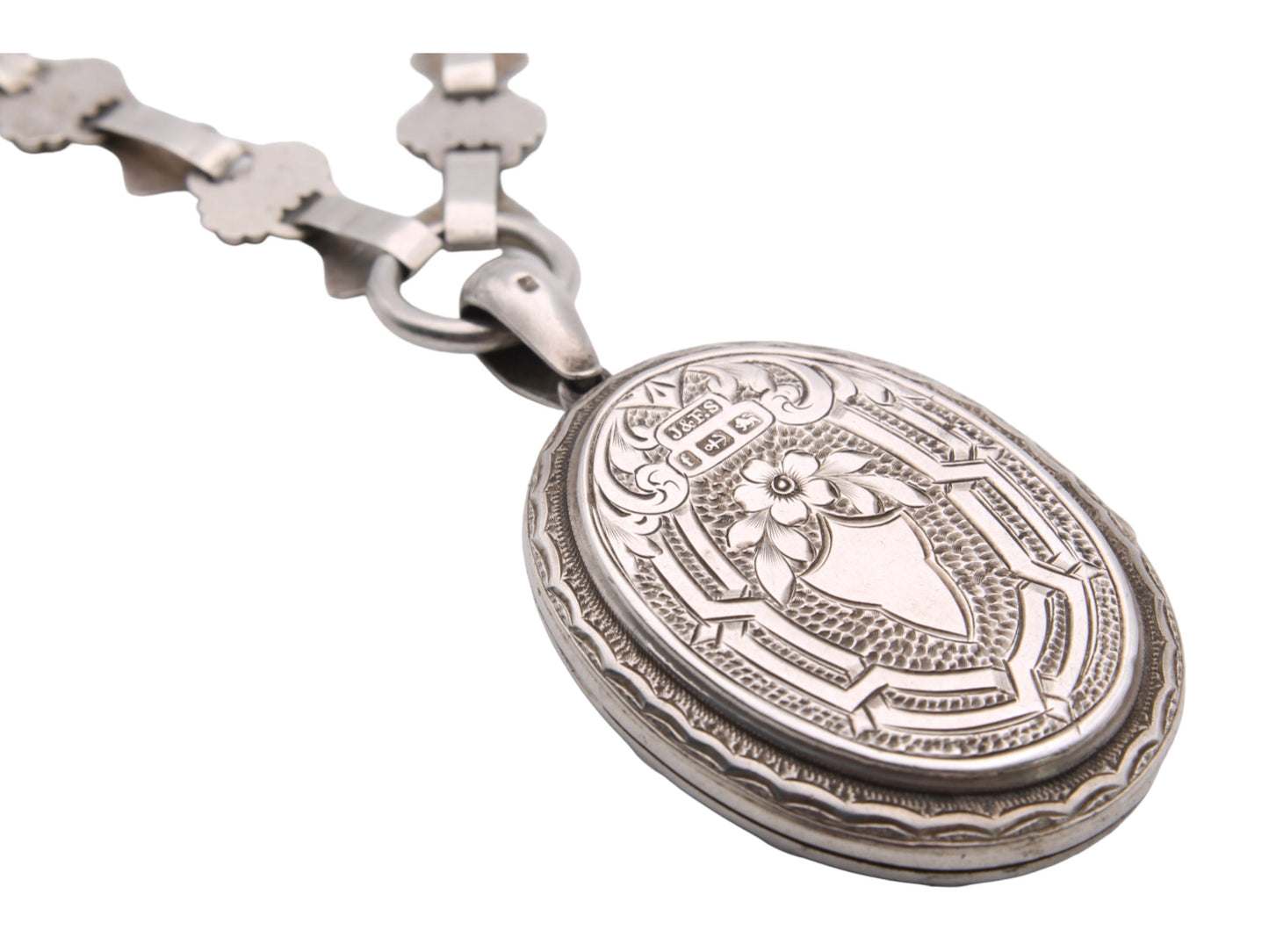 Antique Victorian Sterling Silver Locket Necklace, Forget-Me-Not Flowers, 1880