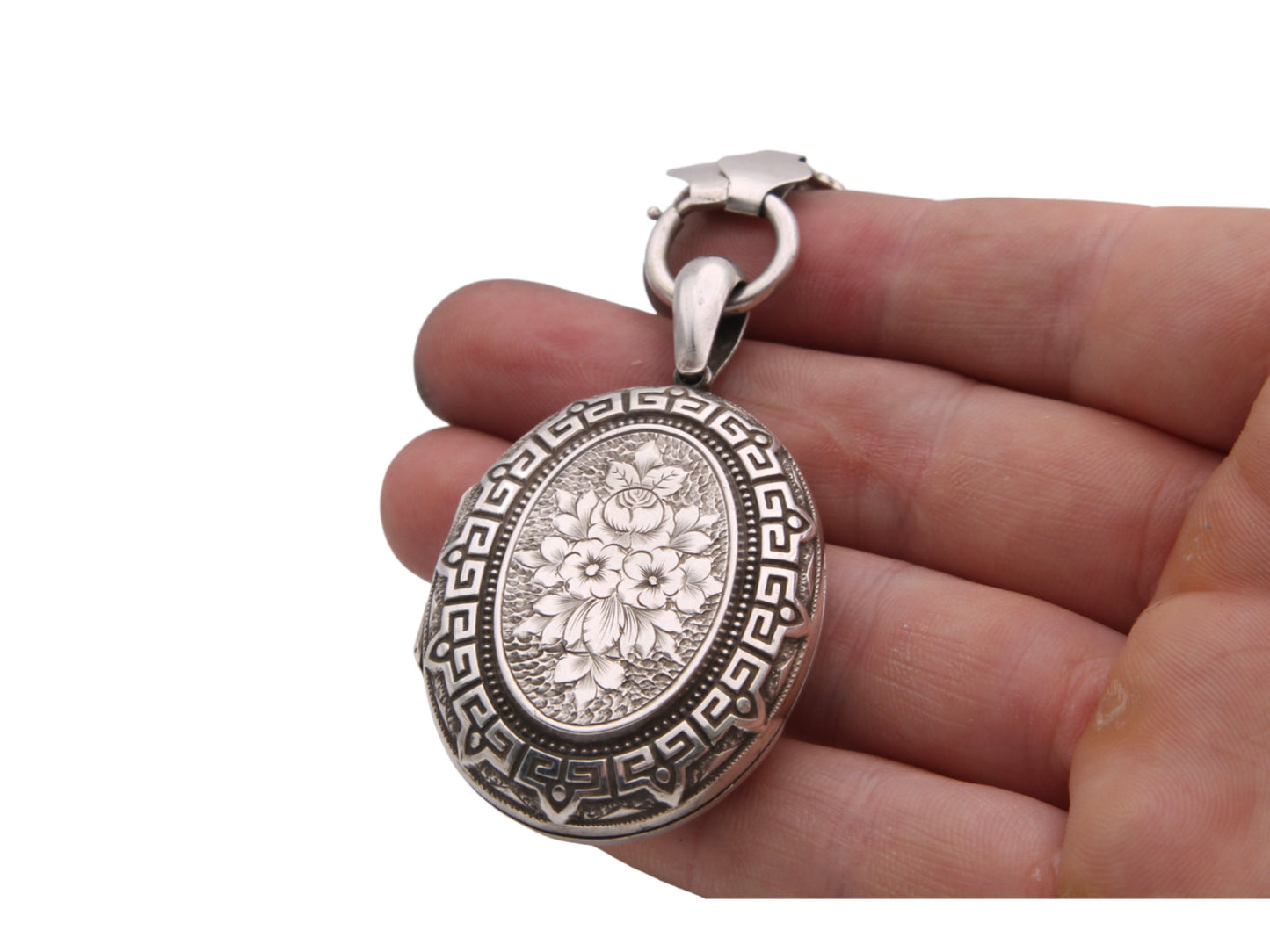 Antique Victorian Sterling Silver Locket Necklace, Forget-Me-Not Flowers, 1880