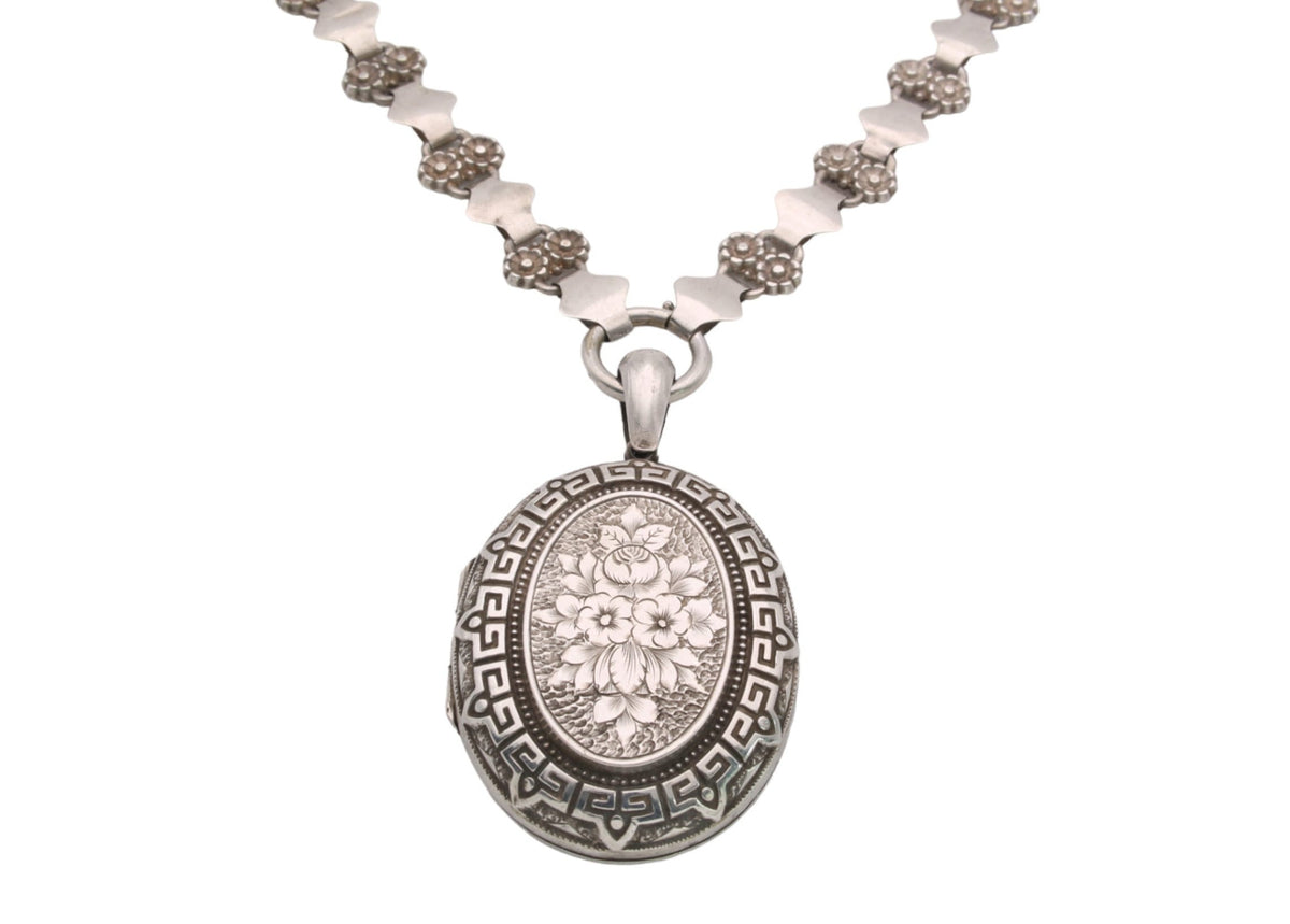 Antique Victorian Sterling Silver Locket Necklace, Forget-Me-Not Flowers, 1880