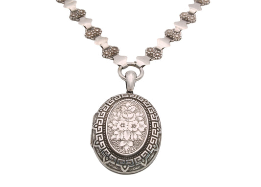 Antique Victorian Sterling Silver Locket Necklace, Forget-Me-Not Flowers, 1880
