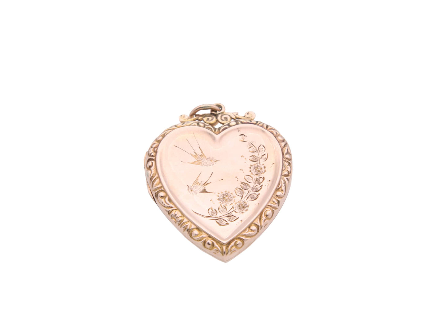 Antique 9ct Gold Large Decorative Heart Shaped Swallow Locket