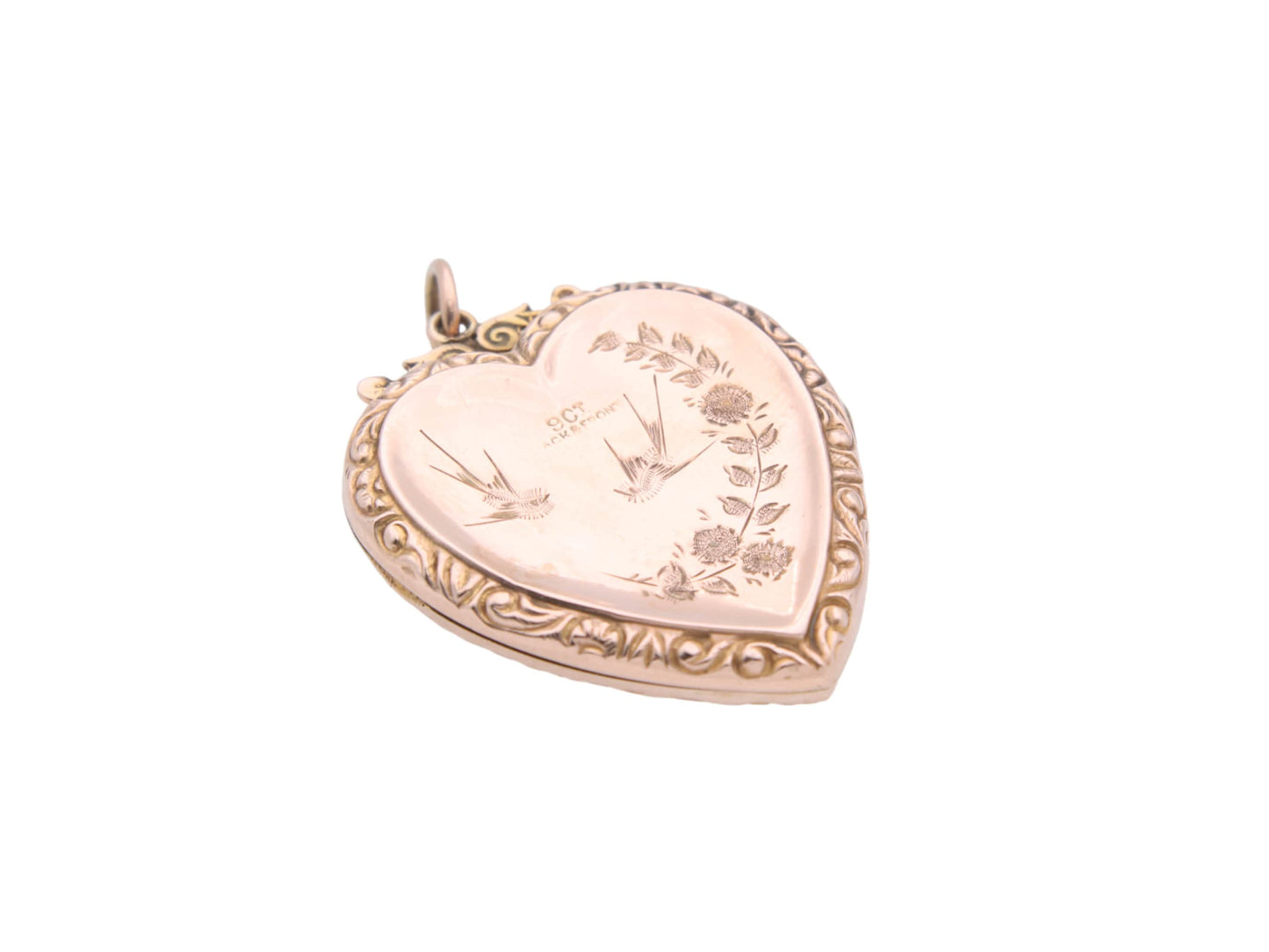 Antique 9ct Gold Large Decorative Heart Shaped Swallow Locket