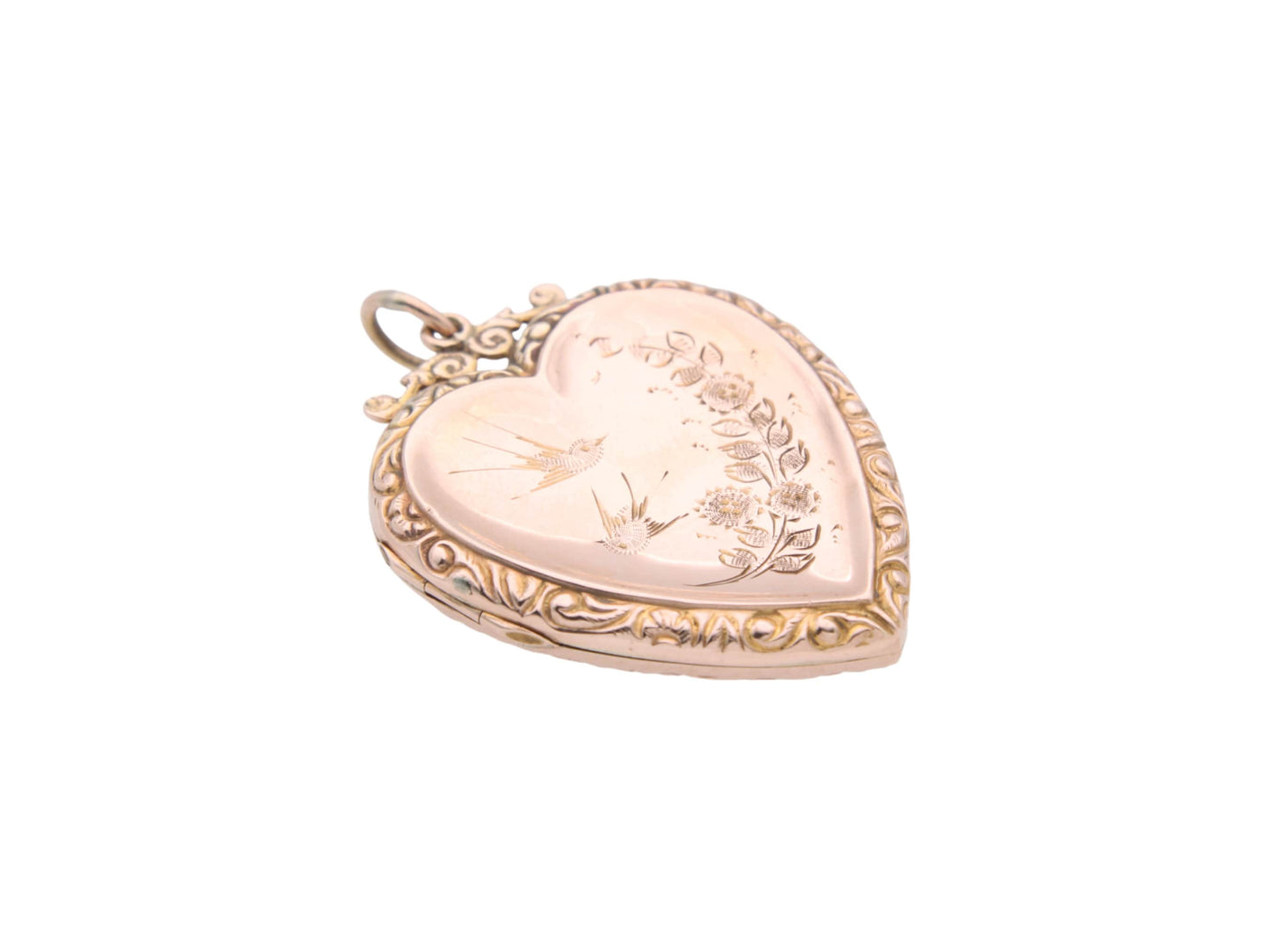 Antique 9ct Gold Large Decorative Heart Shaped Swallow Locket