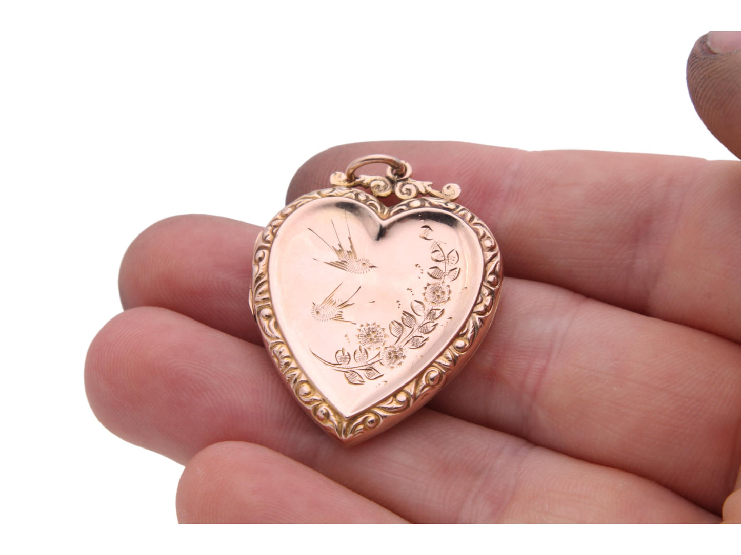 Antique 9ct Gold Large Decorative Heart Shaped Swallow Locket