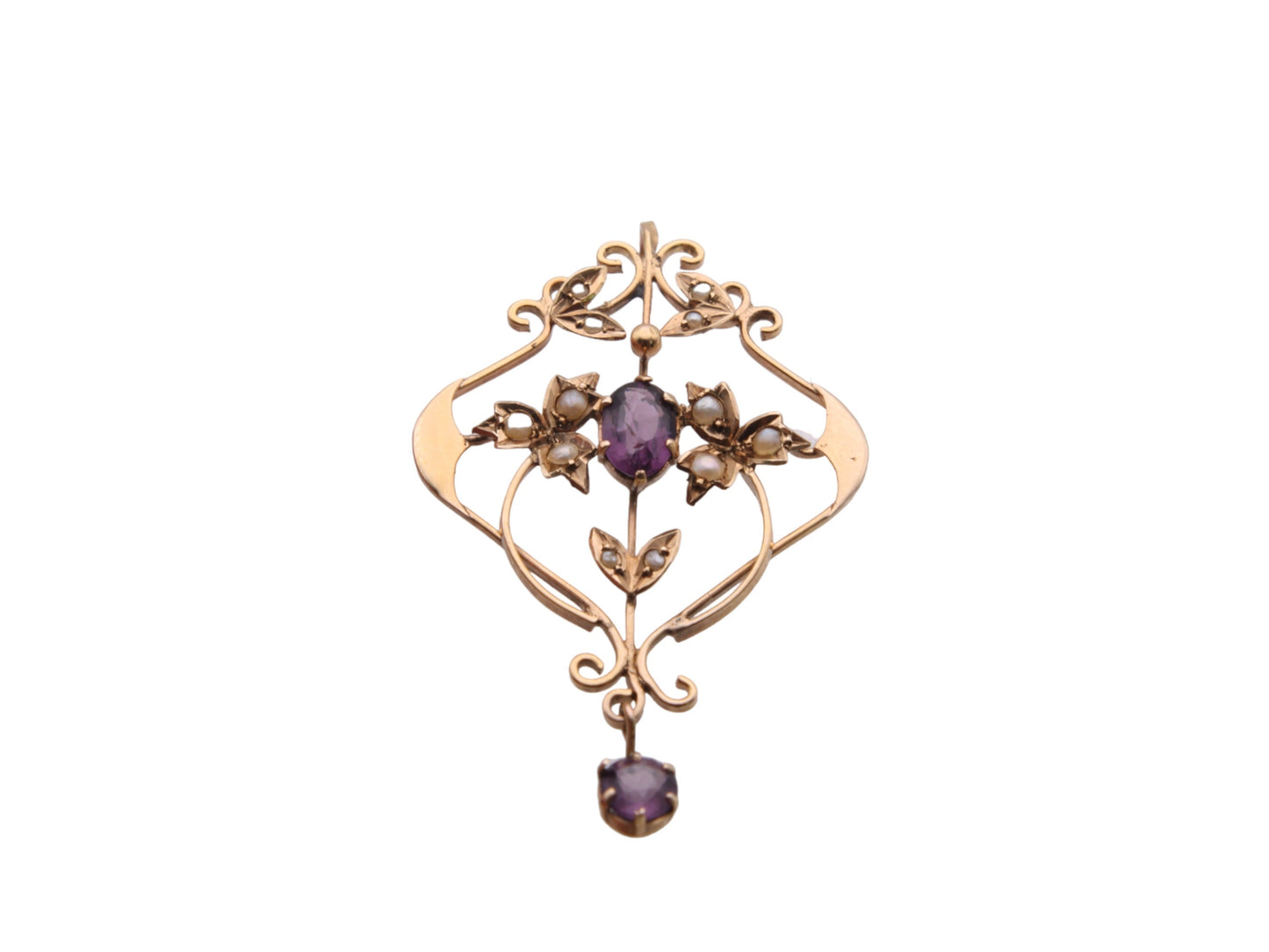 Antique 9ct Yellow Gold Amethyst Lavalier Ivy Motif Pendant