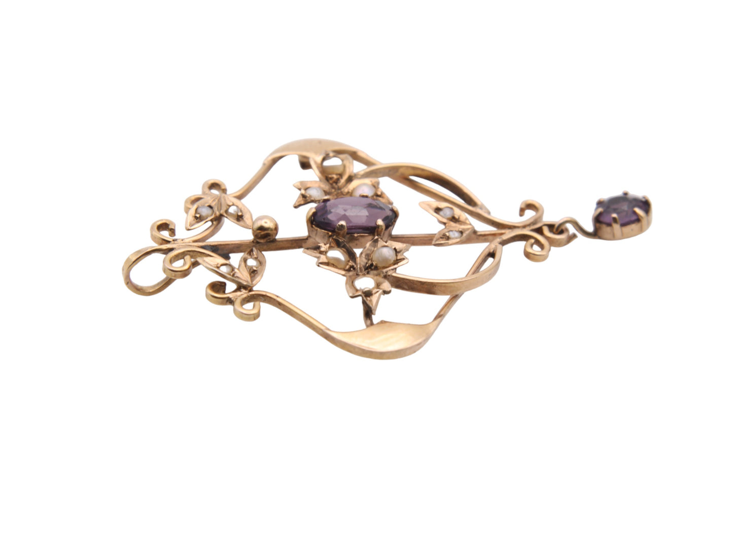 Antique 9ct Yellow Gold Amethyst Lavalier Ivy Motif Pendant