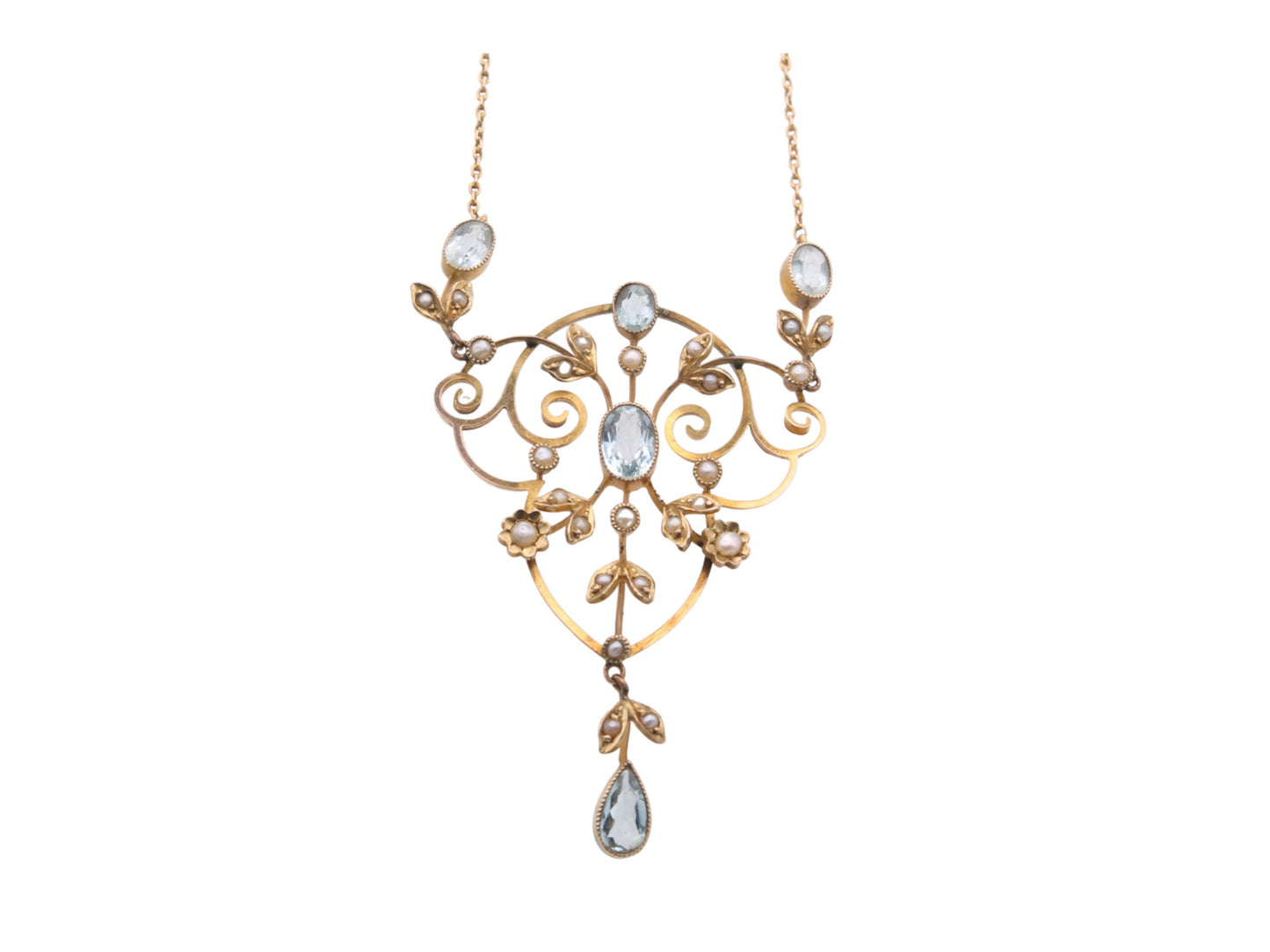 Edwardian 9ct Gold Aquamarine & Pearl Pendant Necklace