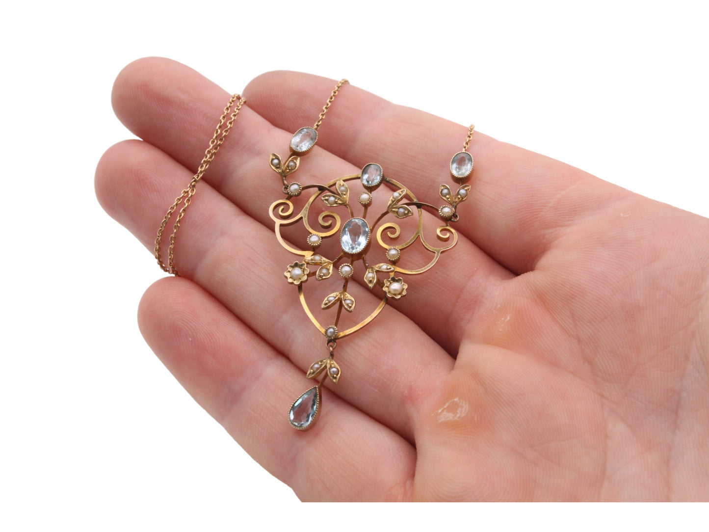Edwardian 9ct Gold Aquamarine & Pearl Pendant Necklace
