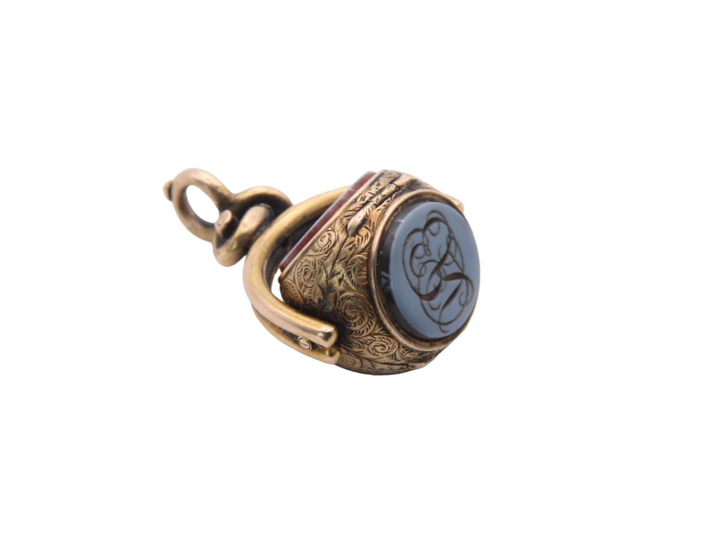 Antique 9ct Gold Hidden Locket Intaglio Bloodstone & Lilac Spinner Pendant