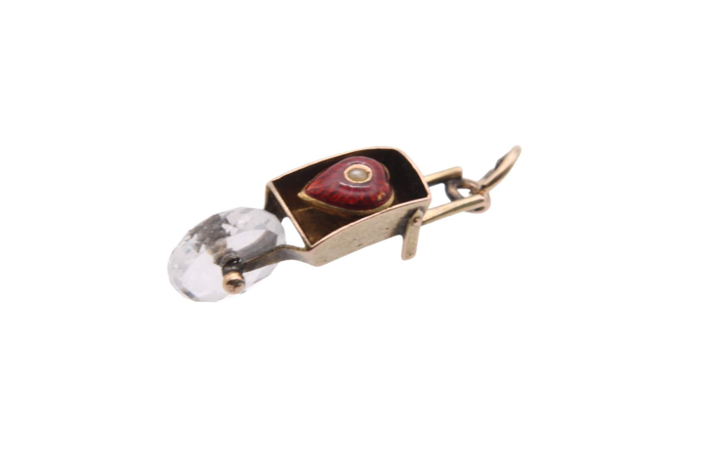 Antique 9ct Gold Lovers Wheelbarrow Heart Enamel Charm Pendant