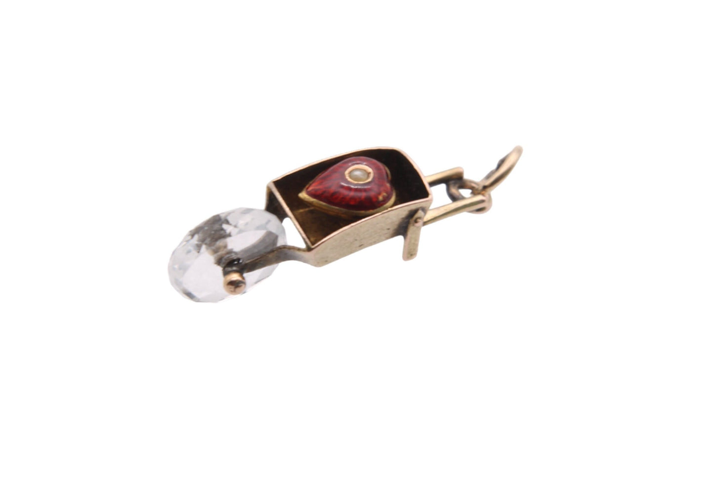 Antique 9ct Gold Lovers Wheelbarrow Heart Enamel Charm Pendant
