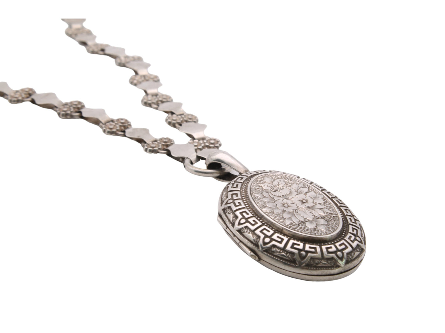 Antique Victorian Sterling Silver Locket Necklace, Forget-Me-Not Flowers, 1880