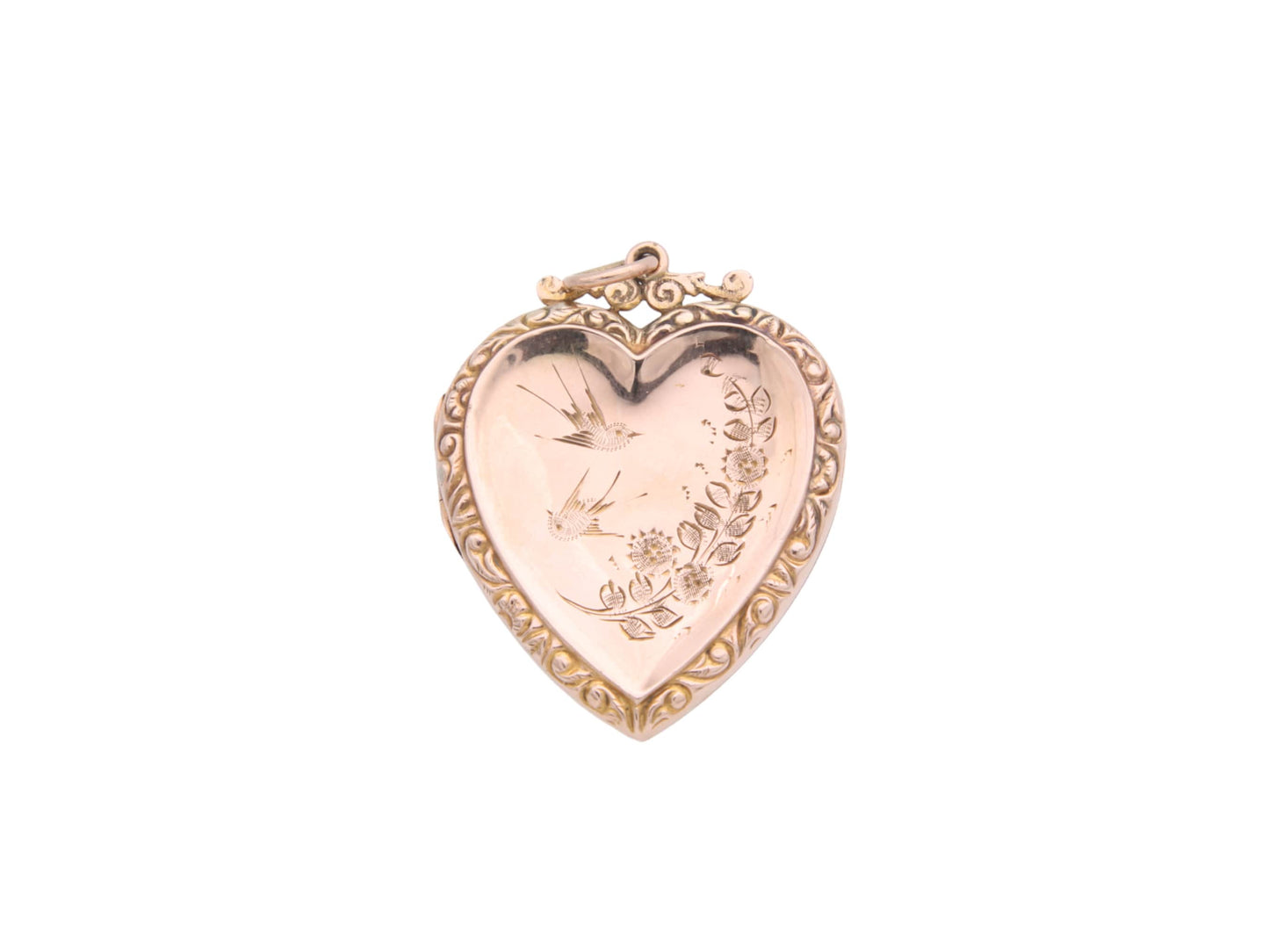 Antique 9ct Gold Large Decorative Heart Shaped Swallow Locket