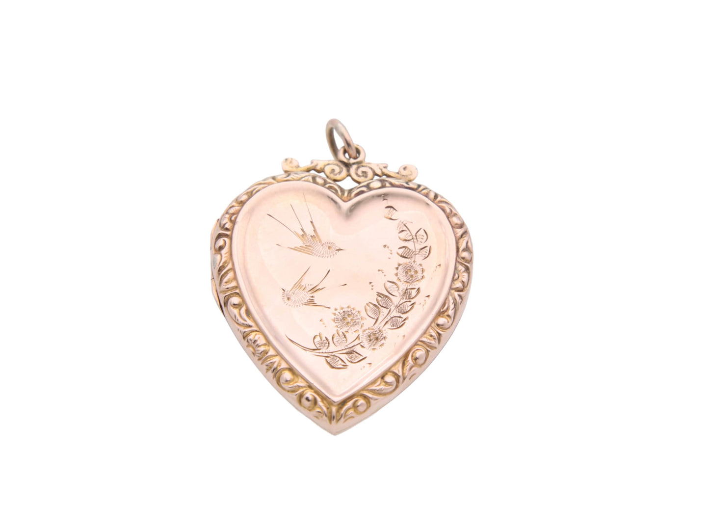 Antique 9ct Gold Large Decorative Heart Shaped Swallow Locket