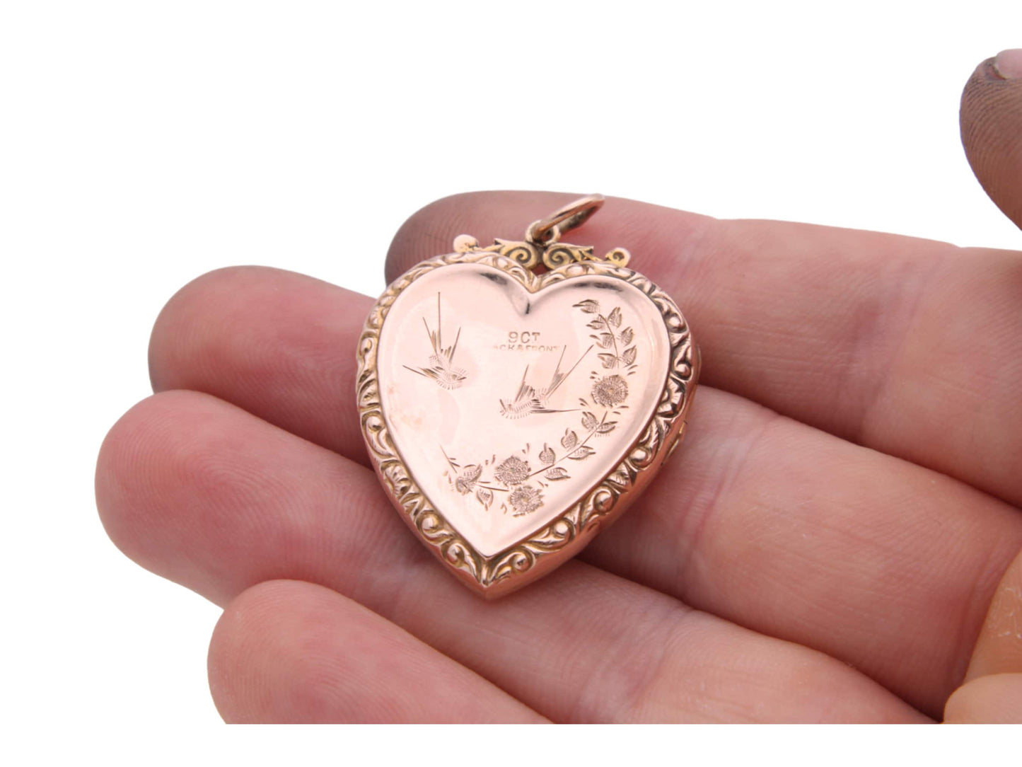 Antique-9ct-Gold-Large-Decorative-Heart-Shaped-Swallow-Locket