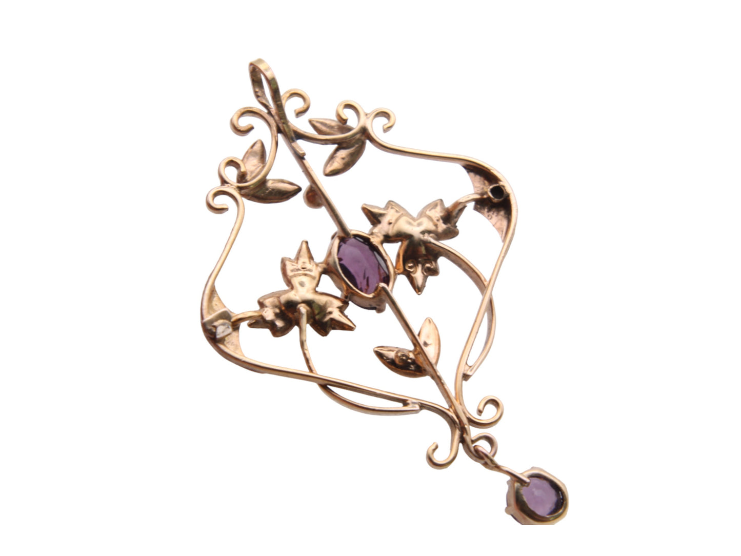 Antique 9ct Yellow Gold Amethyst Lavalier Ivy Motif Pendant