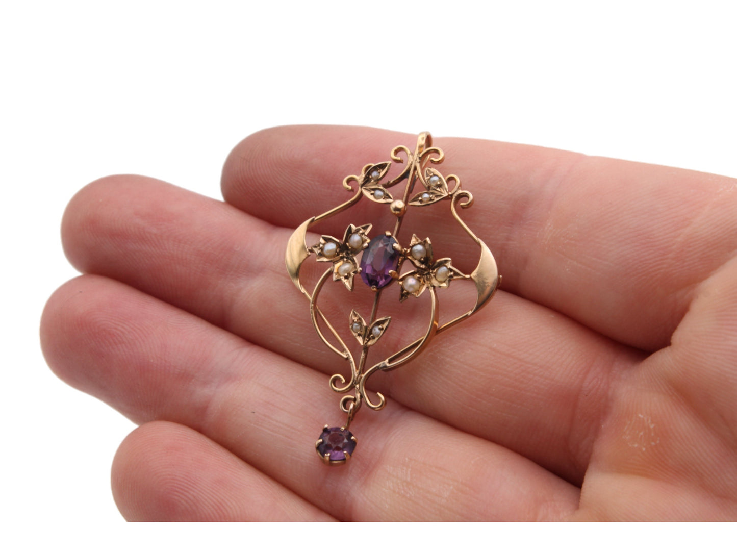Antique 9ct Yellow Gold Amethyst Lavalier Ivy Motif Pendant