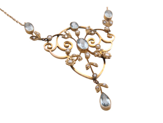 Edwardian 9ct Gold Aquamarine & Pearl Pendant Necklace