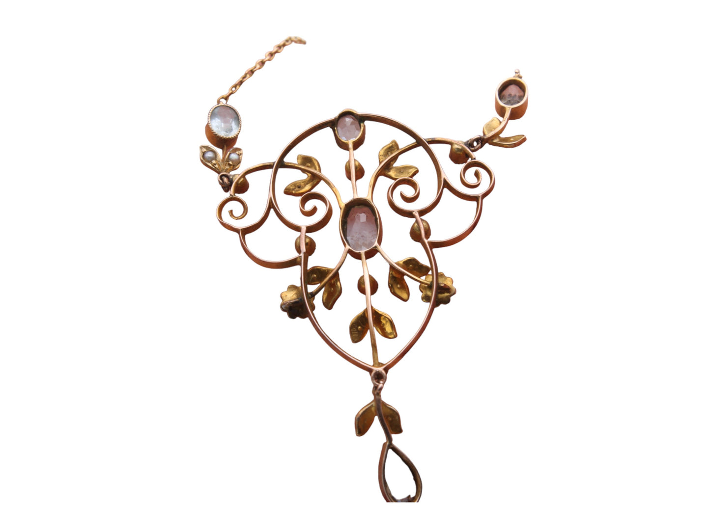 Edwardian 9ct Gold Aquamarine & Pearl Pendant Necklace