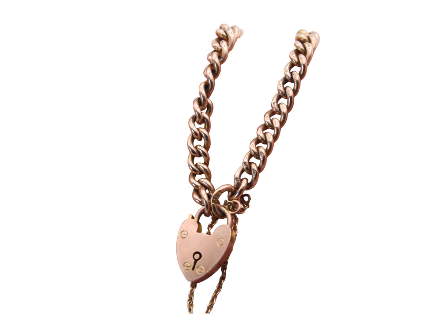 Antique 9ct Rose Gold Graduated Curb Link Padlock Bracelet 20g