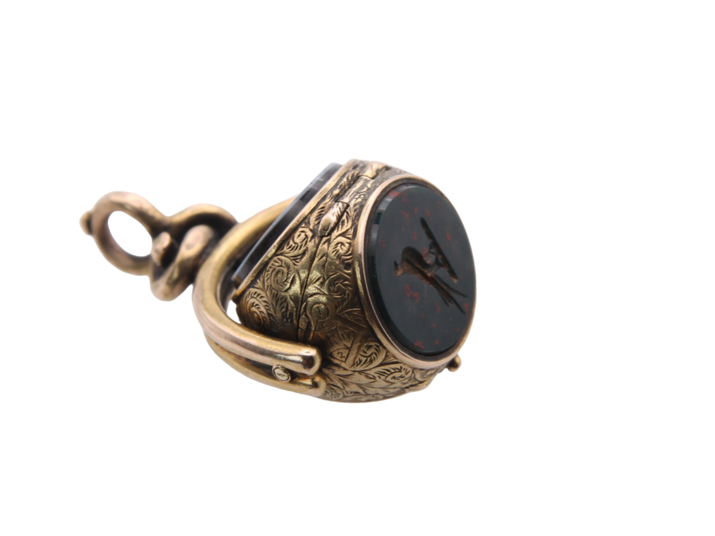 Antique 9ct Gold Hidden Locket Intaglio Bloodstone & Lilac Spinner Pendant
