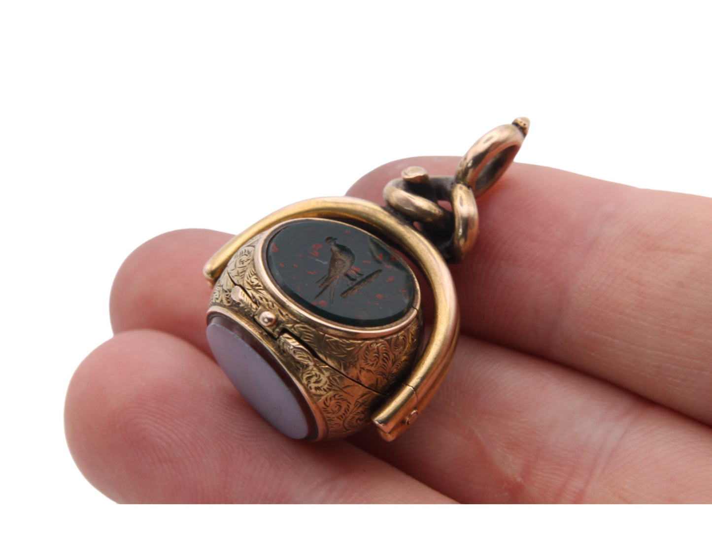 Antique 9ct Gold Hidden Locket Intaglio Bloodstone & Lilac Spinner Pendant