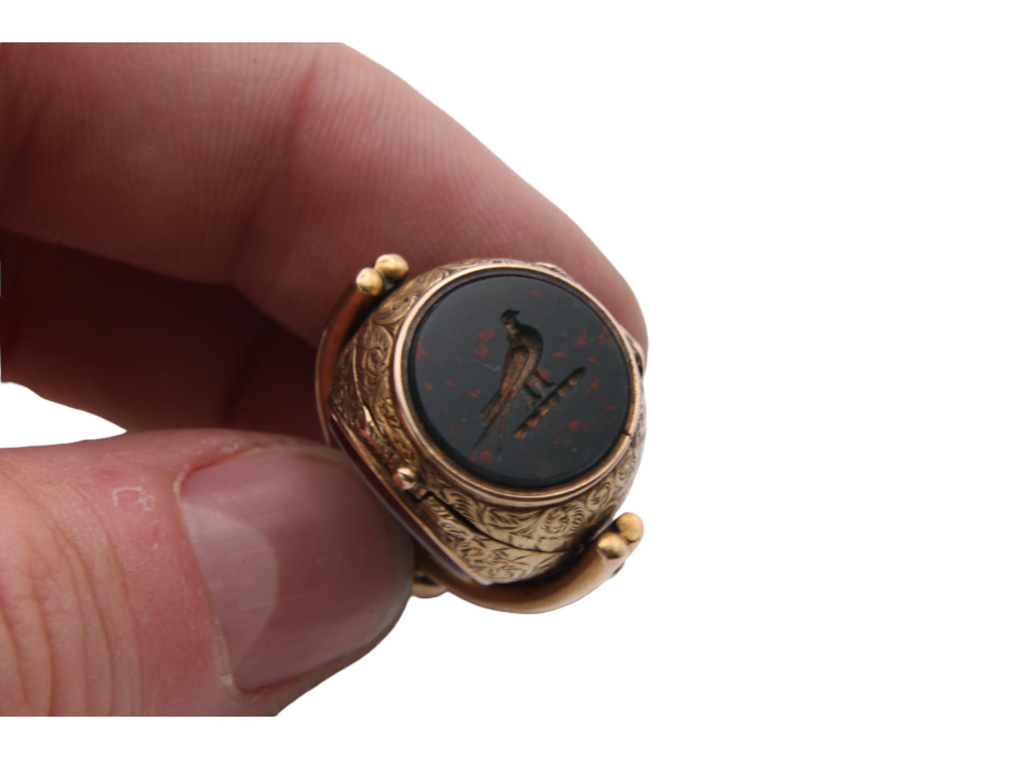 Antique 9ct Gold Hidden Locket Intaglio Bloodstone & Lilac Spinner Pendant