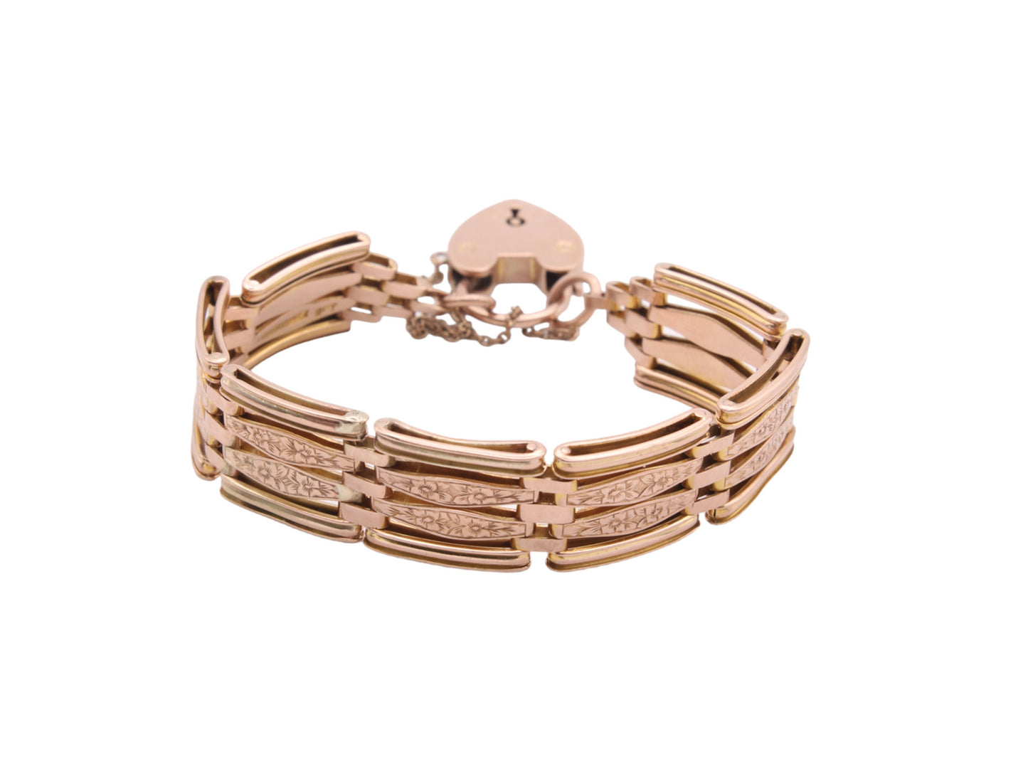 Antique-9ct-Gold-Forget-Me-Not-Flower-Gate-Bracelet-Padlock,-20g